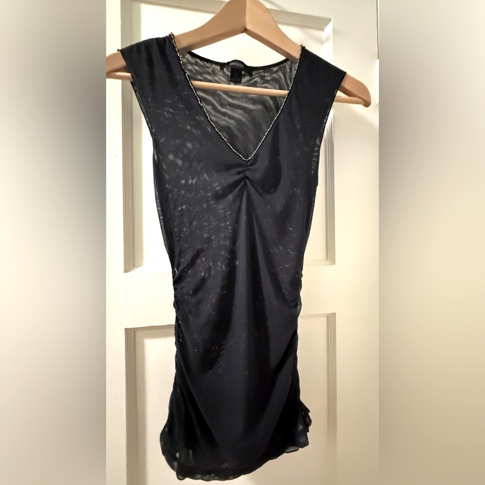 Vintage Express Black Mesh Ruched Sleeveless Top Y2K